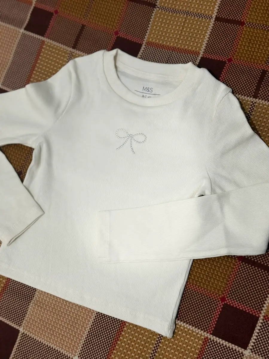 M&S Kids Ribbed Long Sleeve T-Shirt with Diamante Bow | White & Pink | Sizes 2–7 Years