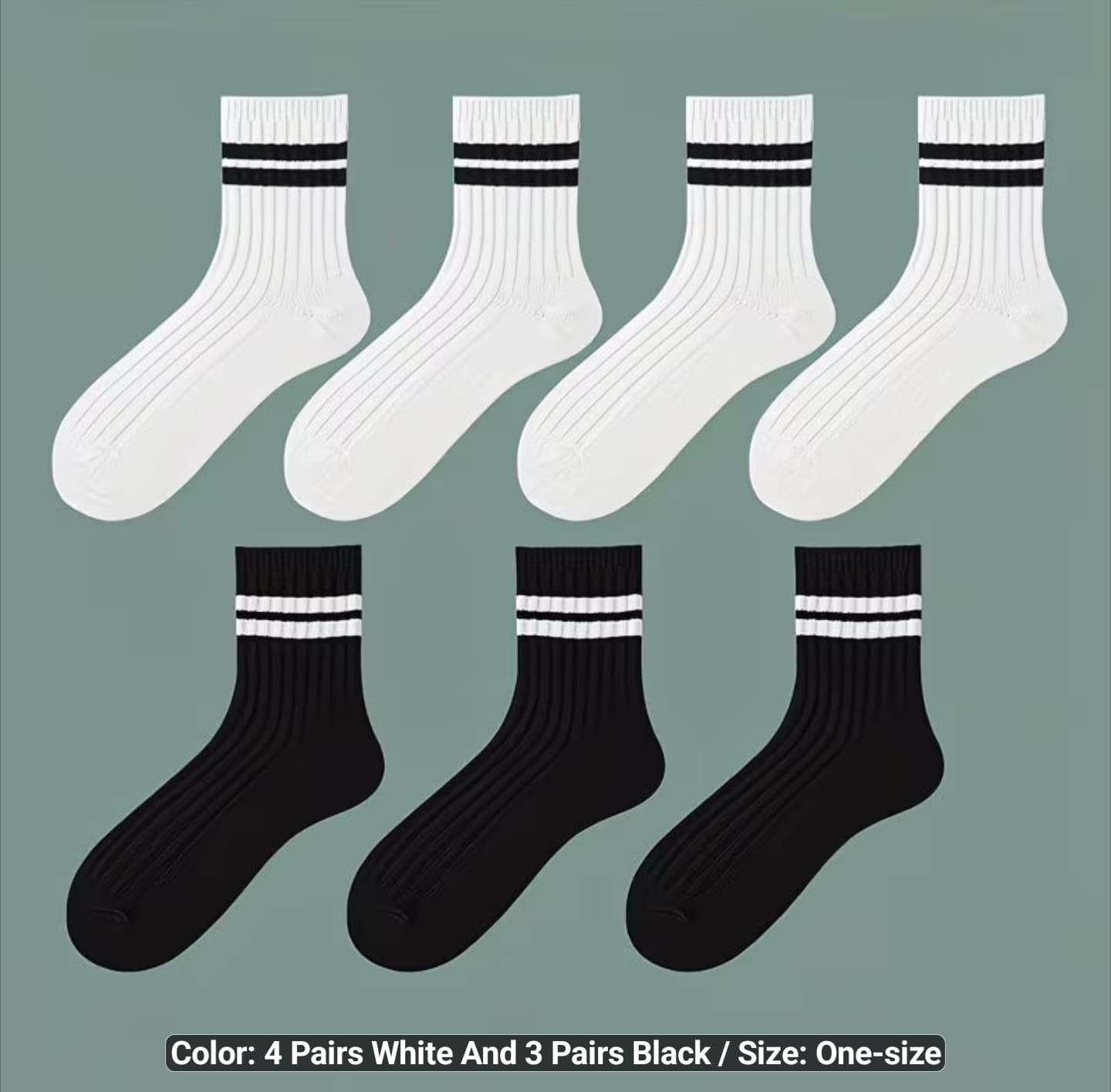 7 Pairs Unisex Ribbed Crew Socks with Double Stripes – White & Black Cotton Sports Socks