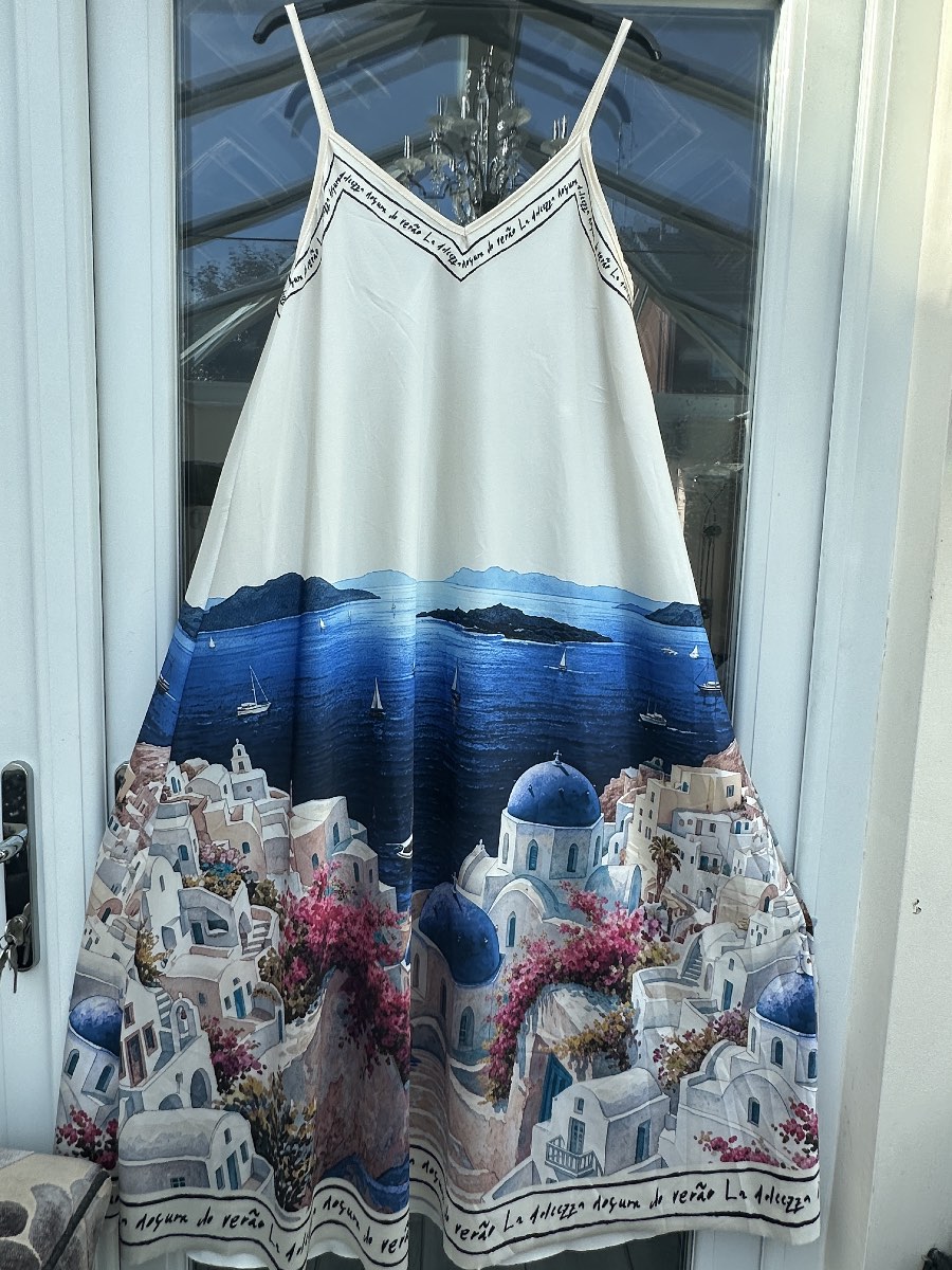 Women’s satin feel cami print Santorini dress longer version