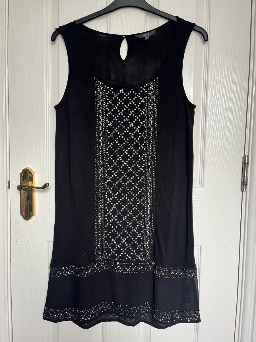 Next Black Embellished Semi-Sheer Shift Dress - Size 10