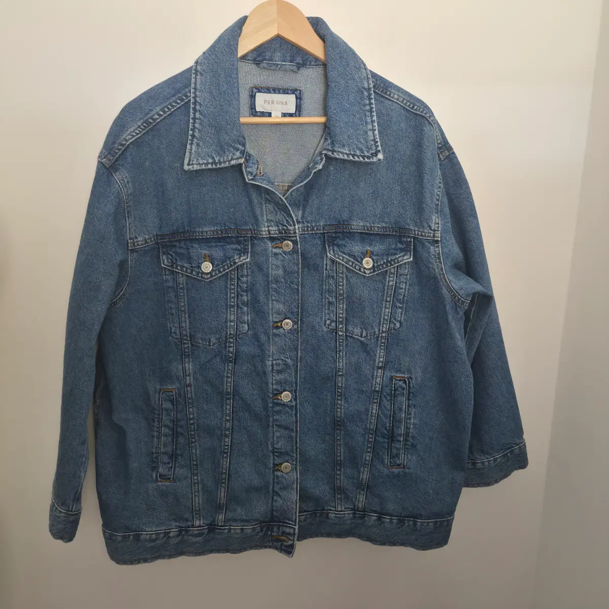 Per Una M&S Blue Denim Trucker Jacket Mid-Wash Oversized Size 18 Pit to Pit 25"
