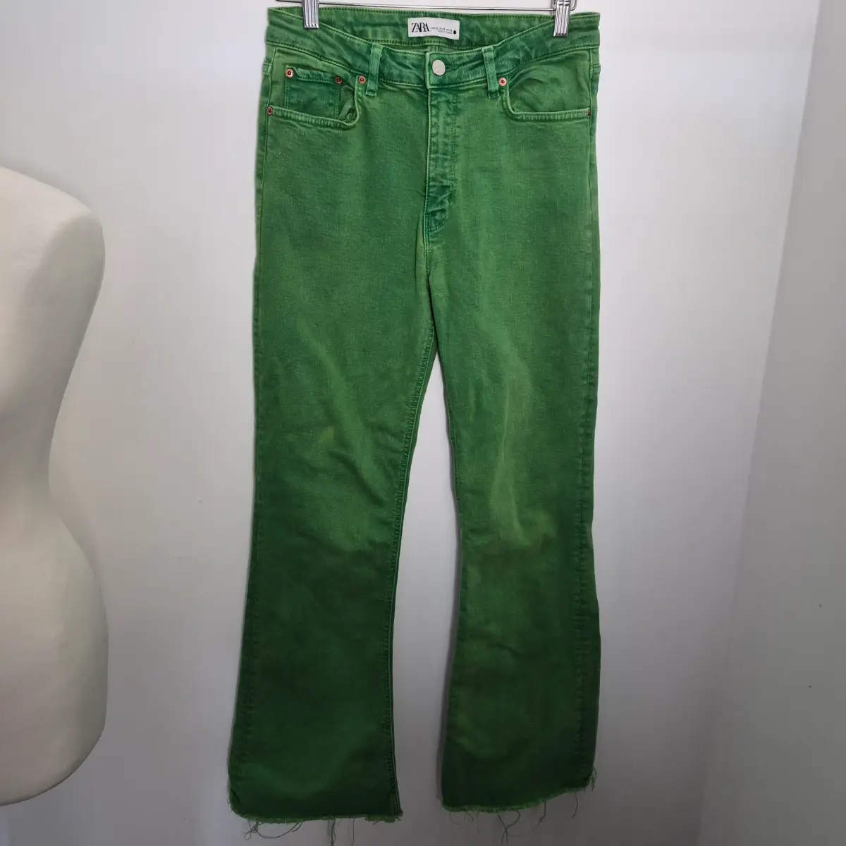 Zara Faded Green Full-Length Distressed Flare Jeans (Raw Hem)