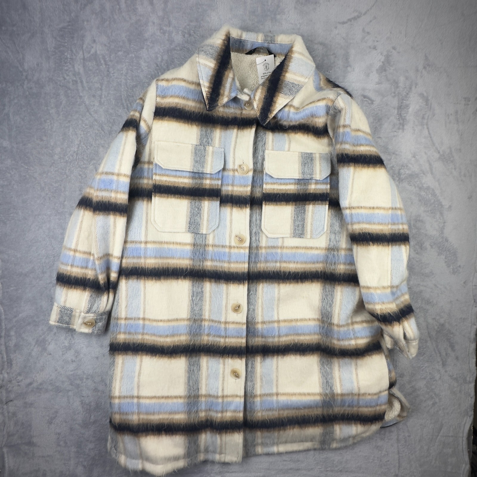 F&F Shacket Fleece Lined Coat With Pockets Blue, White & Beige Check