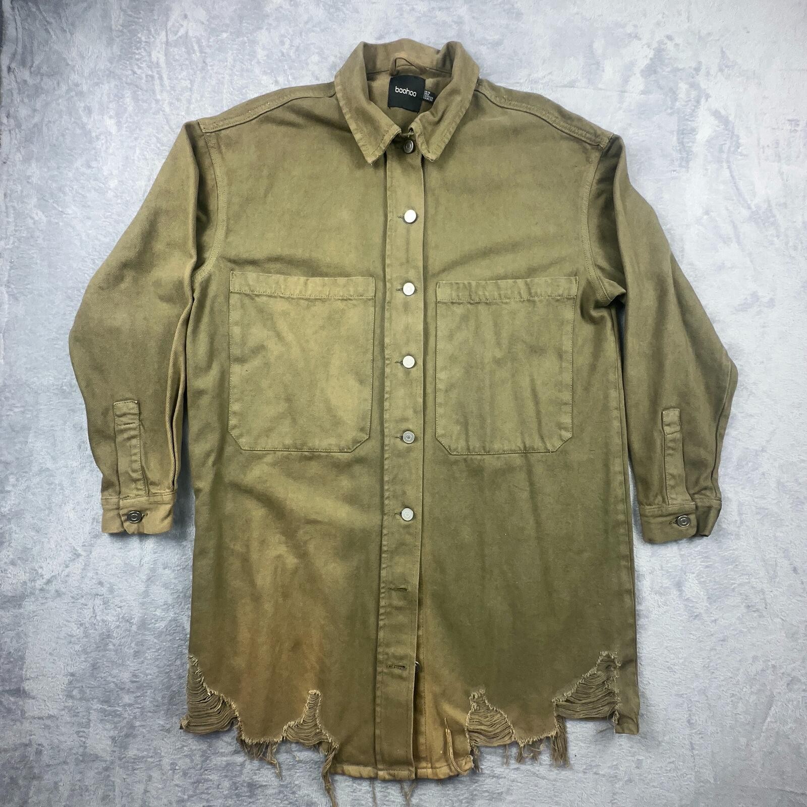 Boo Hoo Women's Long Sleeve Distressed Hem Shirt Jacket 100% Cotton UK 10