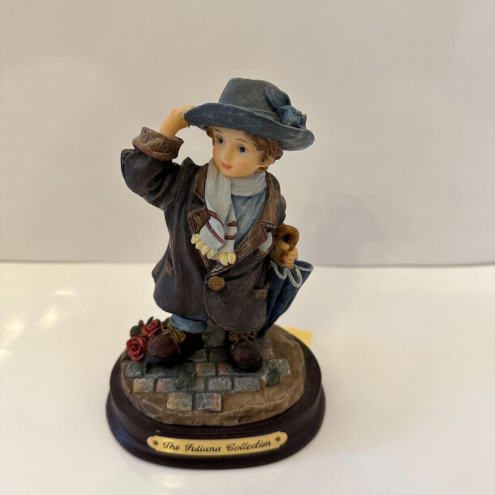 Hand Painted Boy in a Coat Scarf Hat with Umbrella Figurine A. Richesco 5" Tall