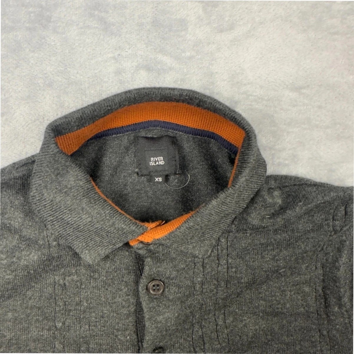 River Island Men’s Viscose Knit Polo Sweater Grey/Orange UK Size XS EUR 1