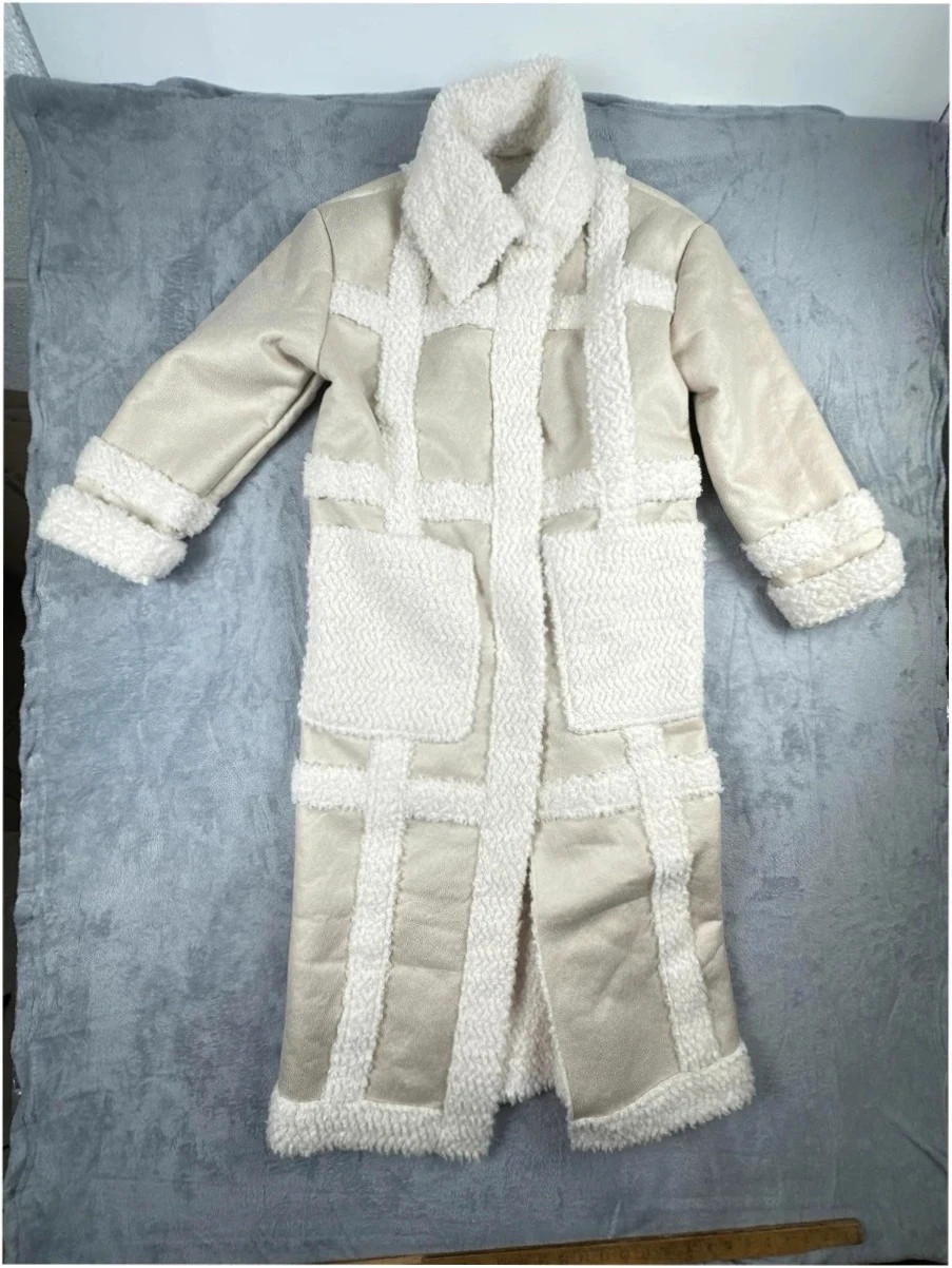 River Island Cream Women's Long Faux Shearling OuterwearCoat UK 10 EU 36