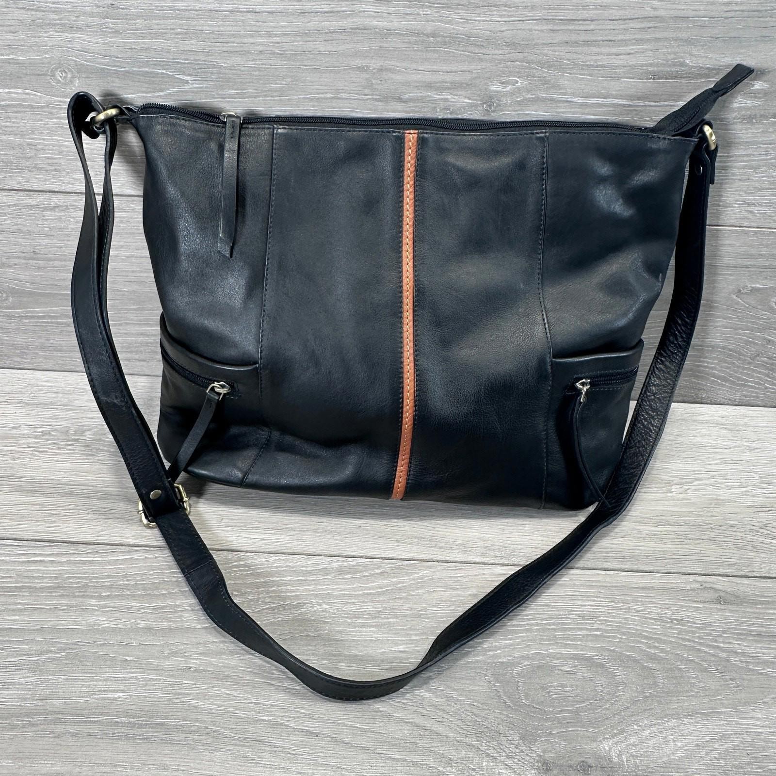 Rowallan Black Leather Shoulder Bag Tan Stipe Women's Leather Bag