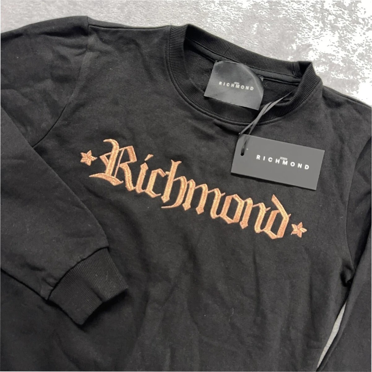 John Richmond Men's Black Crewneck Sweatshirt Size M Embroidered Logo