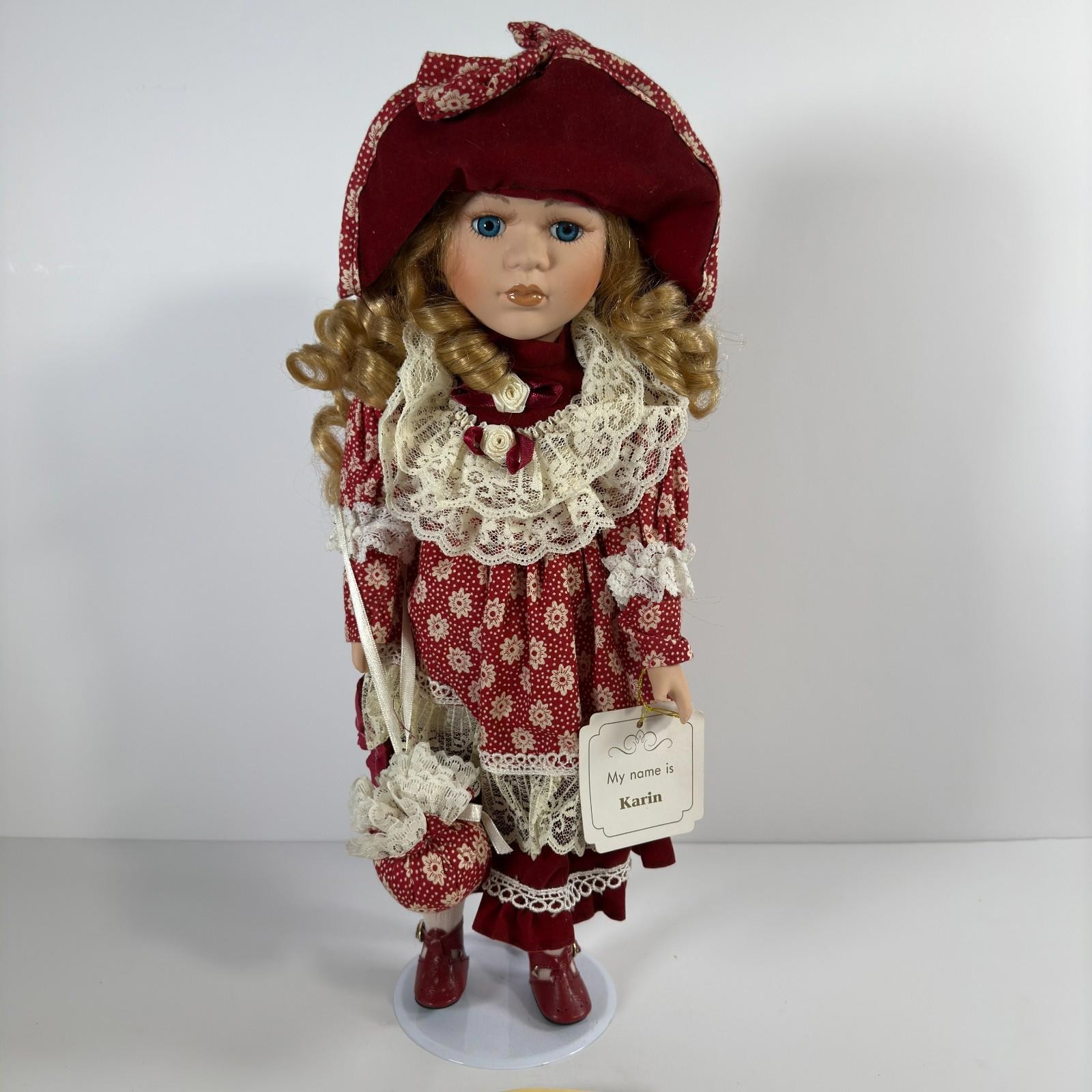 Rare Collectable Leonardo Karin Porcelain Soft Body Doll On Stand W Red Dress