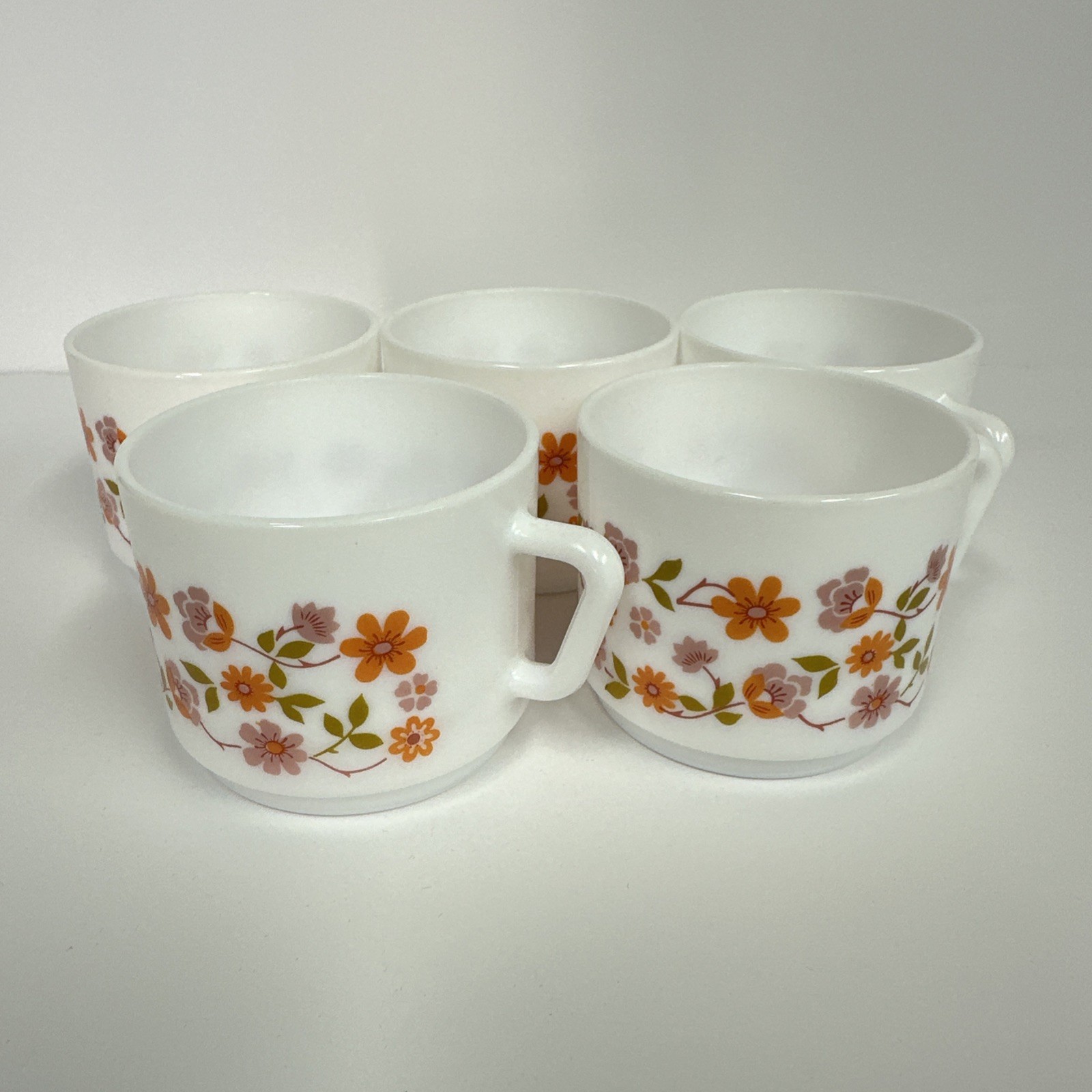 Arcopal France Stacking Tea Cups Scania Orange Pink Flower Coffee Mugs Set Of 5