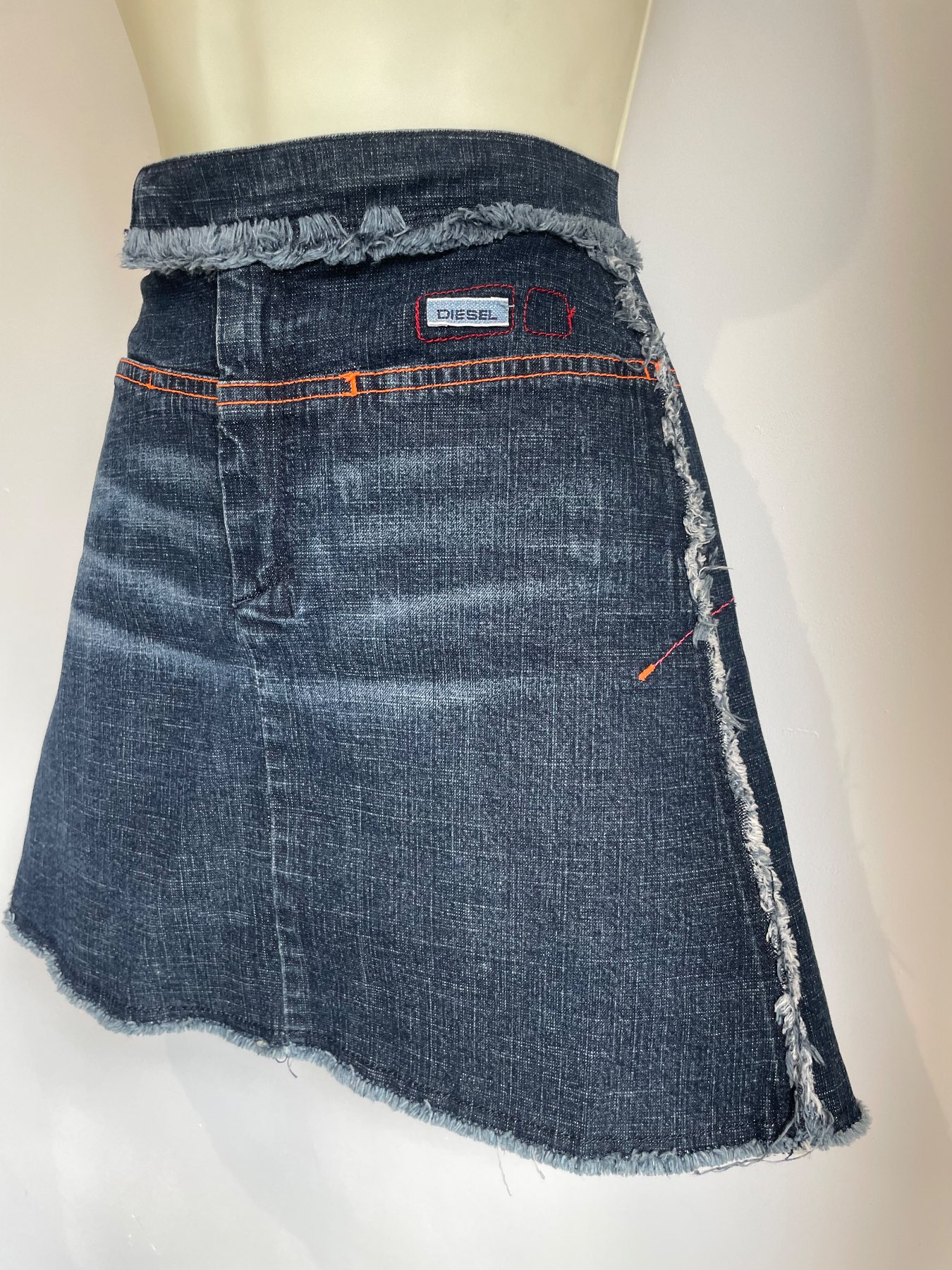Y2K Diesel Denim Mini Skirt Distressed Tufted Seams Orange & Pink Contrast Stitch UK8-10