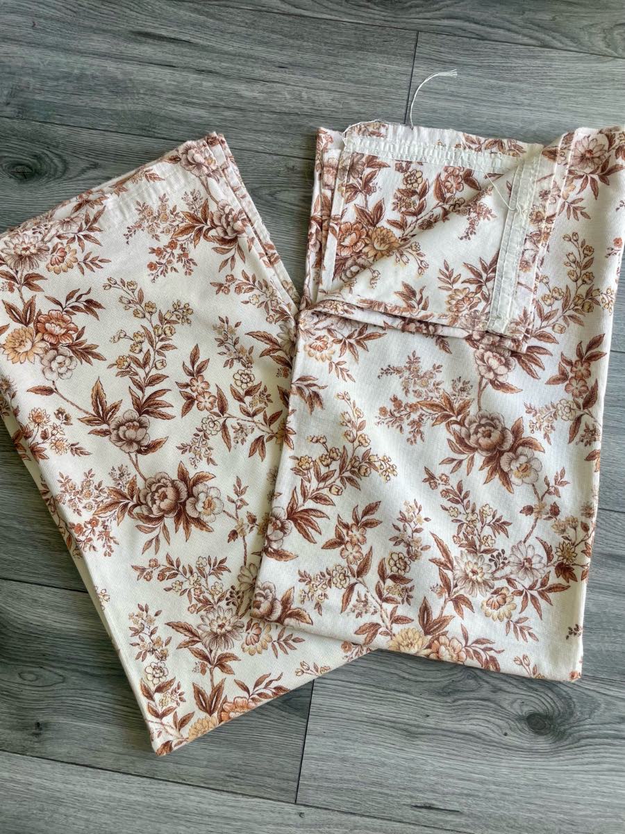Retro 1970s Curtains Pair Floral Chintz Brown & Ochre 108x52”