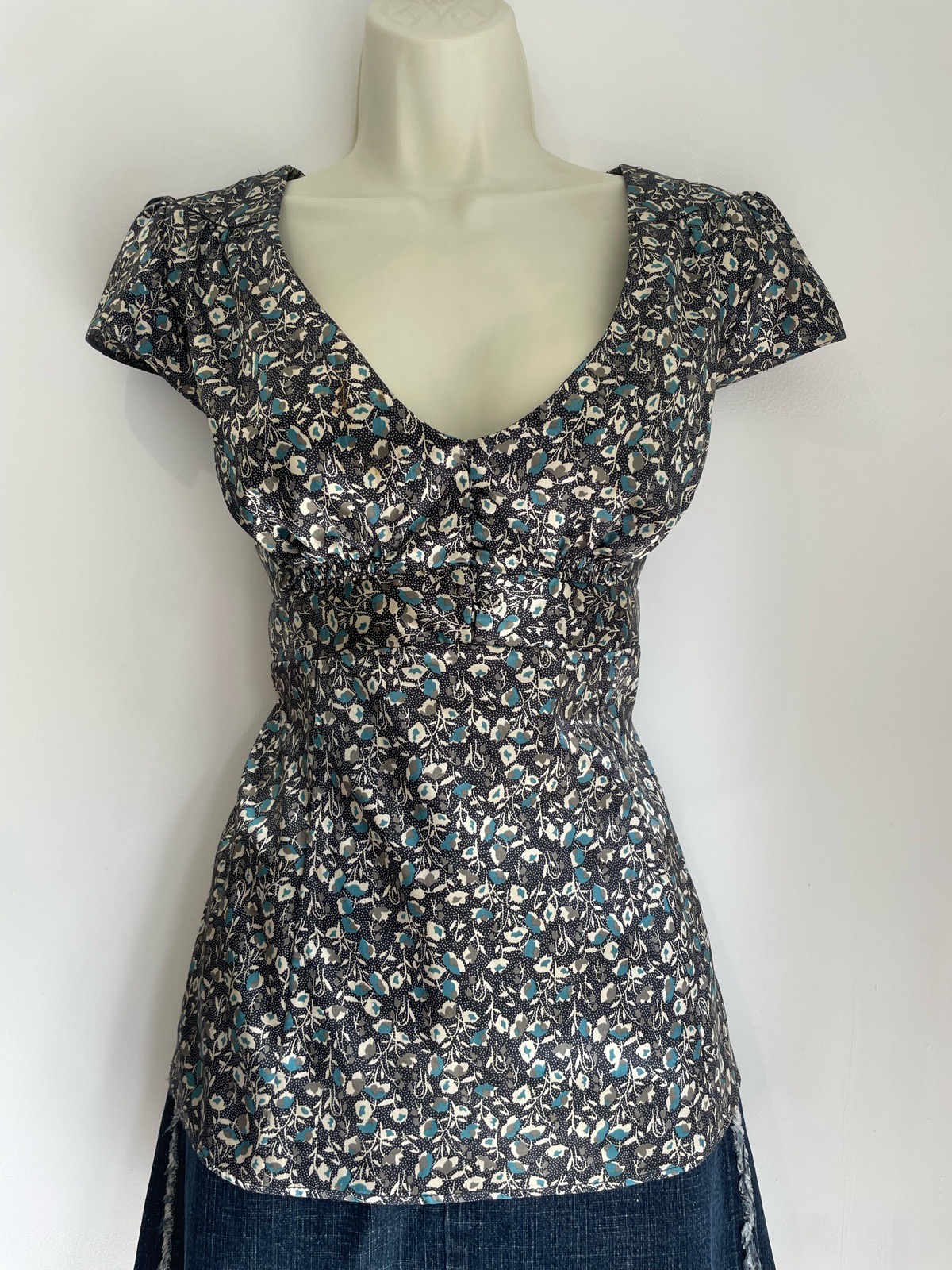 Y2K Jasper Conran Satin Bow Back Puffed Capped Sleeves Open Button Blouse UK12