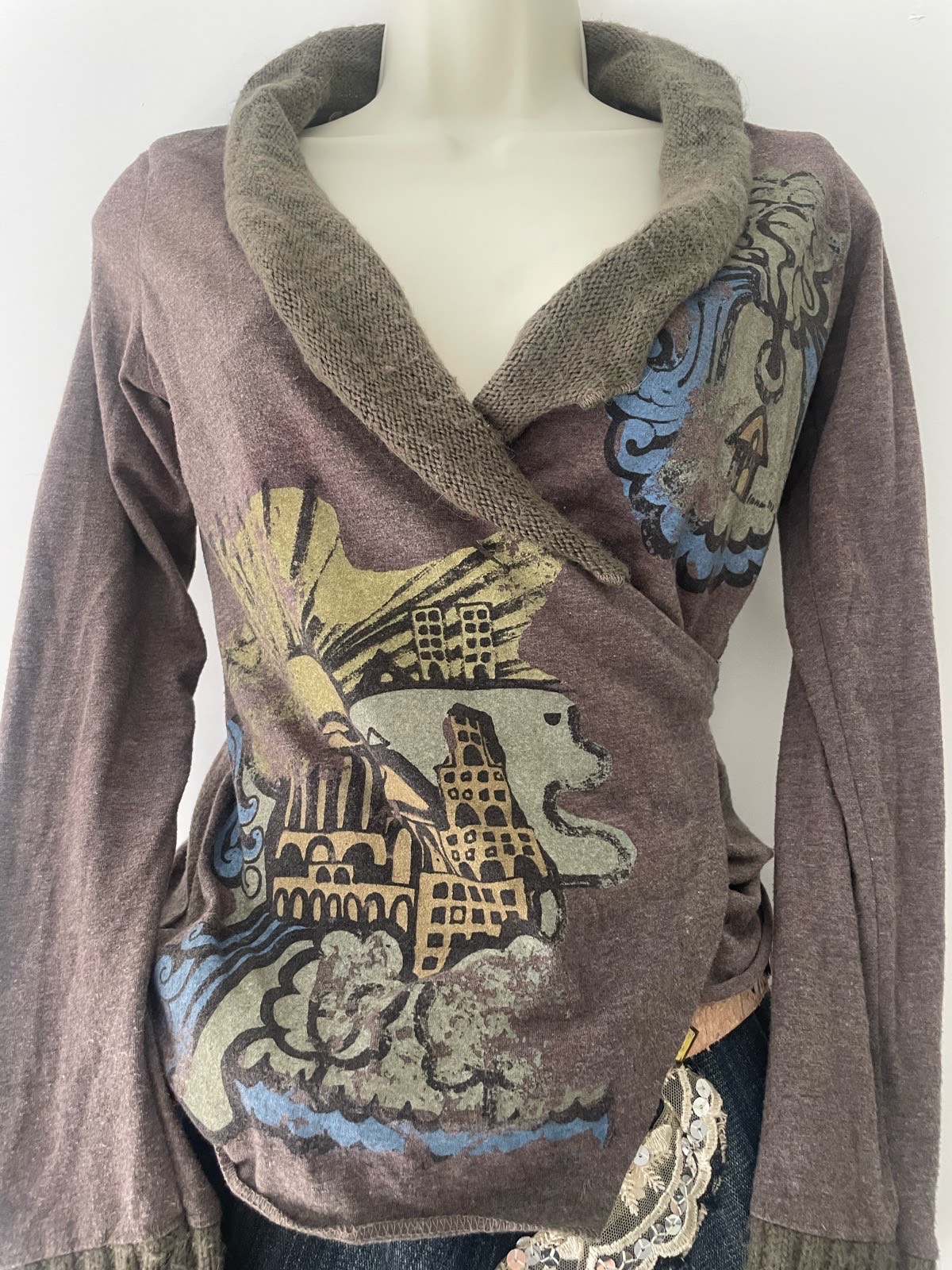 Vintage Indie Sleaze 00s Freesoul Graphic Wrap Top Y2K Boho Grunge Size Small