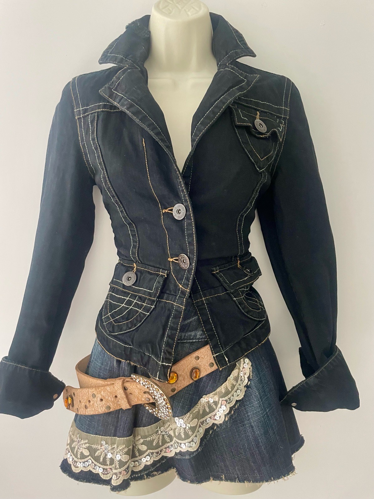 Vintage 2000s Topshop Moto Black Denim Jacket UK8 Y2K Western Indie Sleaze
