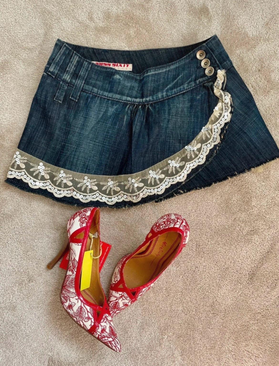 Miss Sixty Y2K Distressed Micro Denim Mini Skirt Embroidered Lace & Sequins UK 8-10
