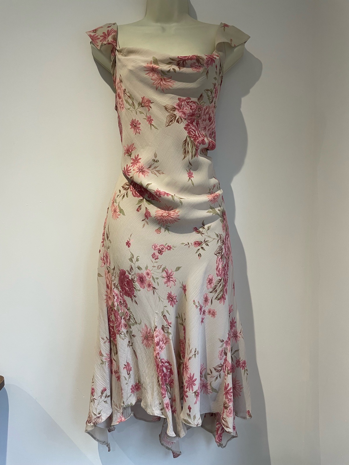 Romantic Floral Whimsy Handkerchief Dress with Flutter Sleeves and Cowl Neck by Vintage Berkertex UK