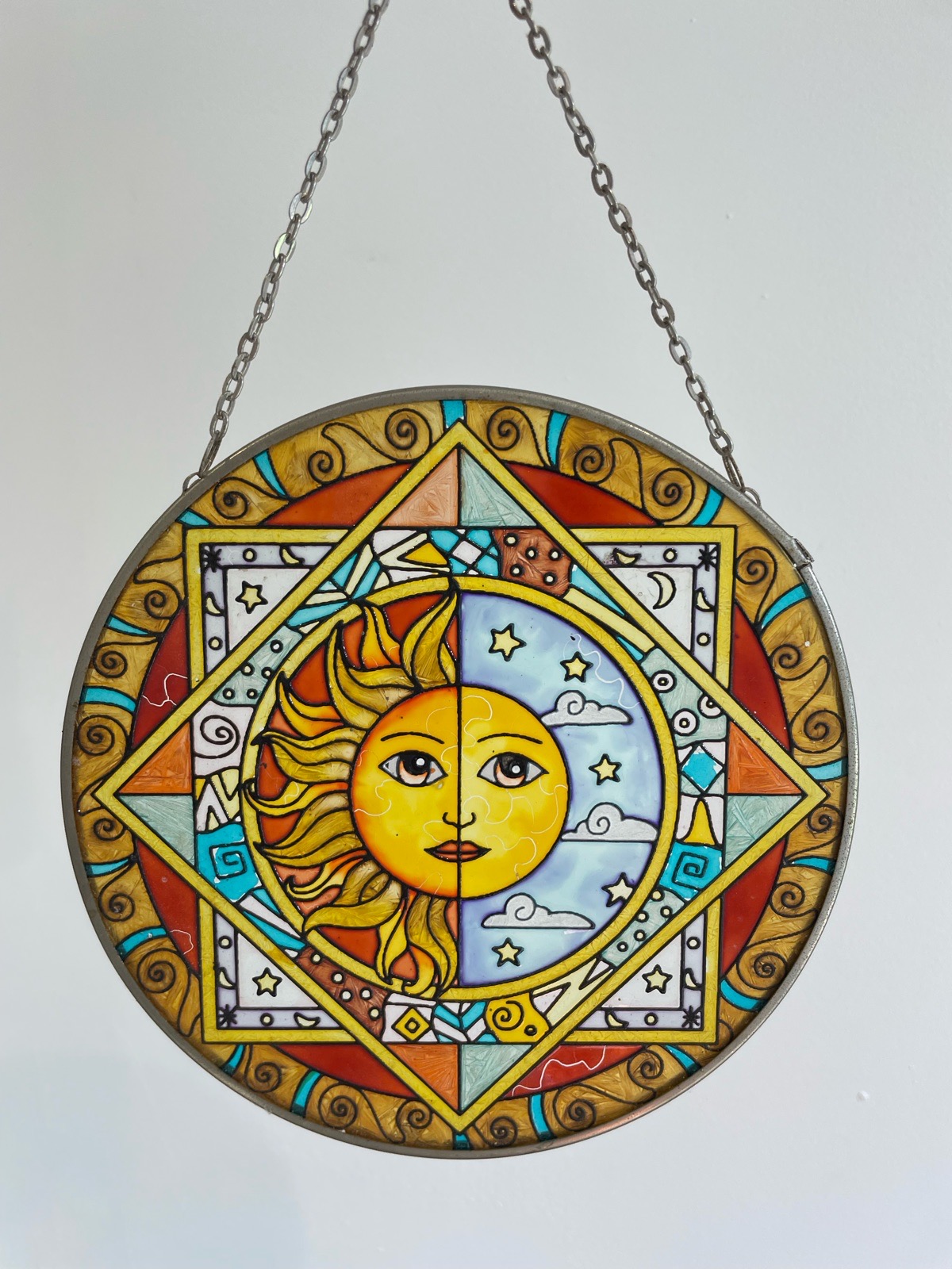 Vintage Celestial Sun Catcher Sun Stars & Moon Stained Glass Style Sun & Moon Wall Hanging