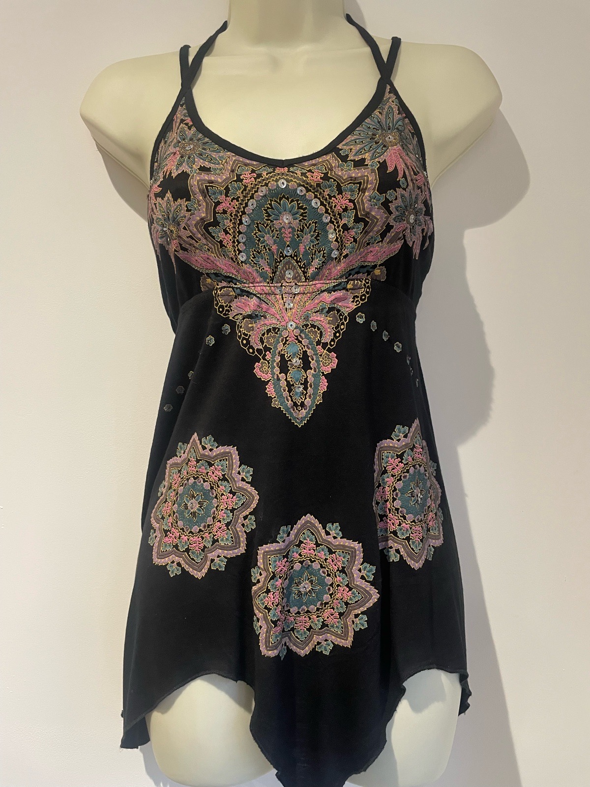 Topshop Y2K Boho Hanky Hem Mandala Graphic Beaded and Sequins Halter Neck Top UK16
