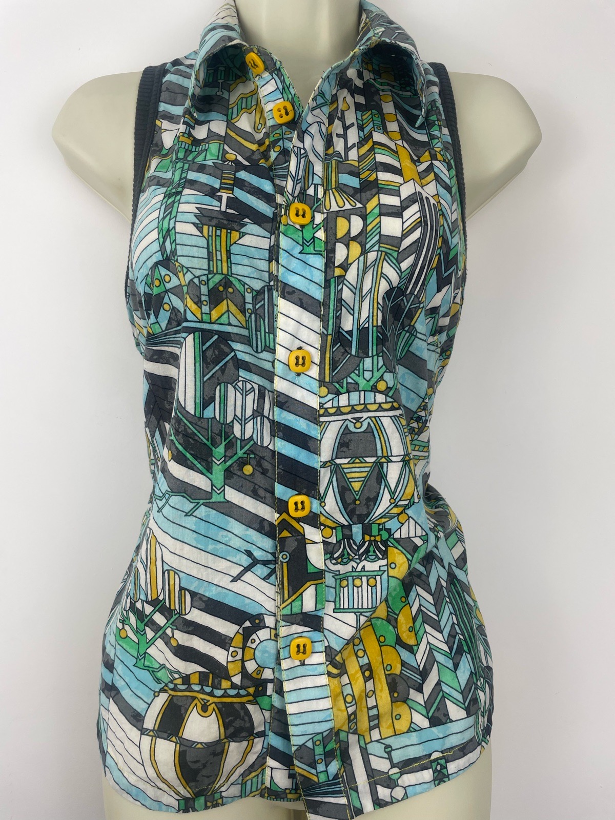 Rare Diesel Y2K Maximalist Geometric Pop Art Appliqué Sleeveless Collared Blouse Size Medium