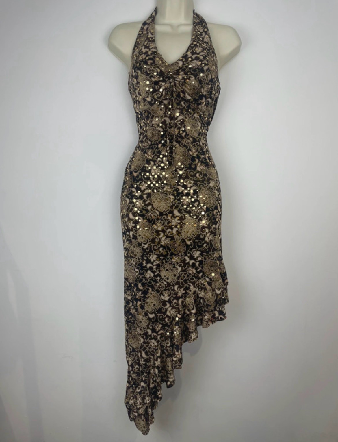 Rare Lipsy Y2K McBling Asymmetrical Waterfall Halter Neck Tiered Ruffles Dress Size S-M