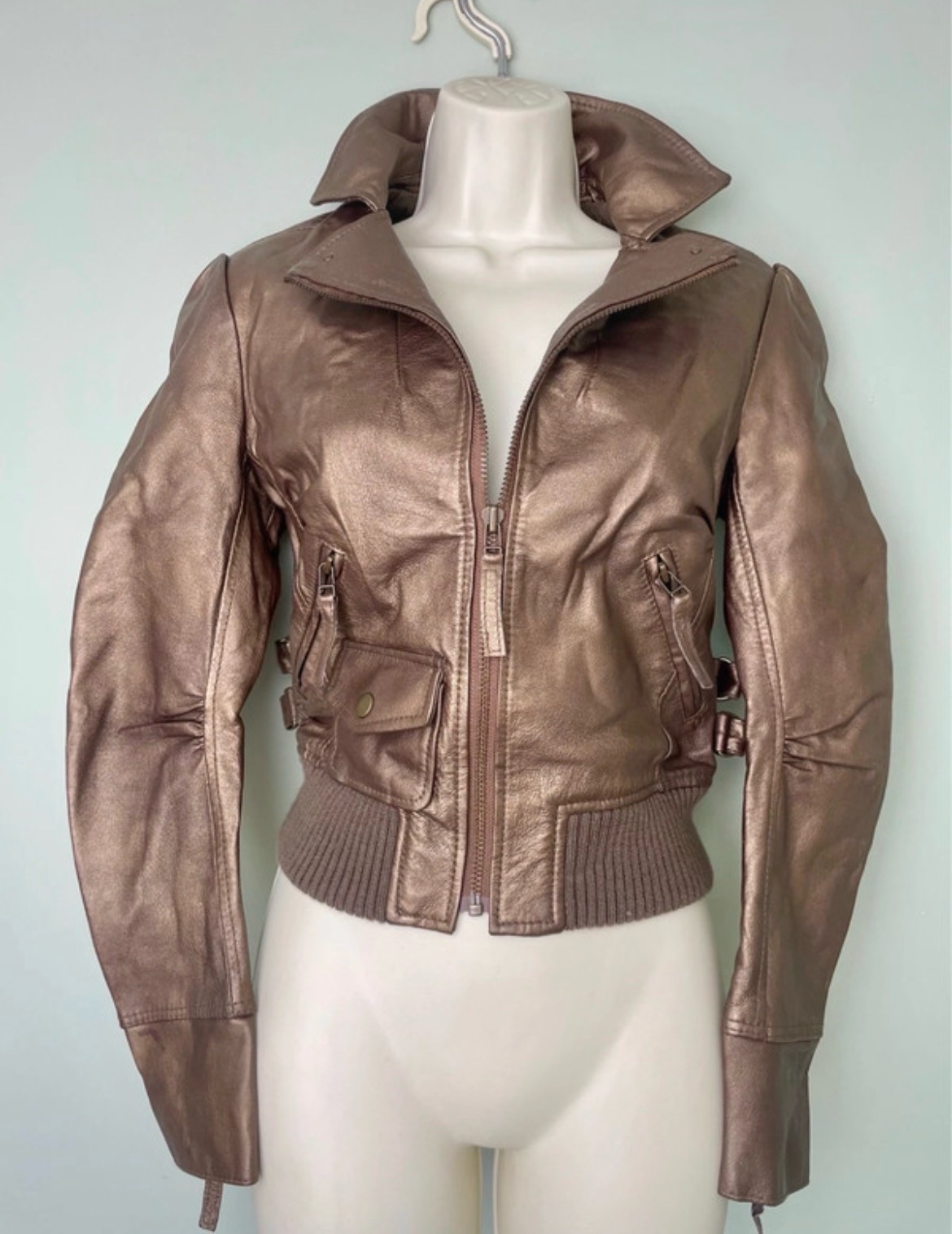 Topshop Moto Y2K 2000s 100% Leather Cropped Metallic Bronze Shimmering Bomber Biker Jacket UK8