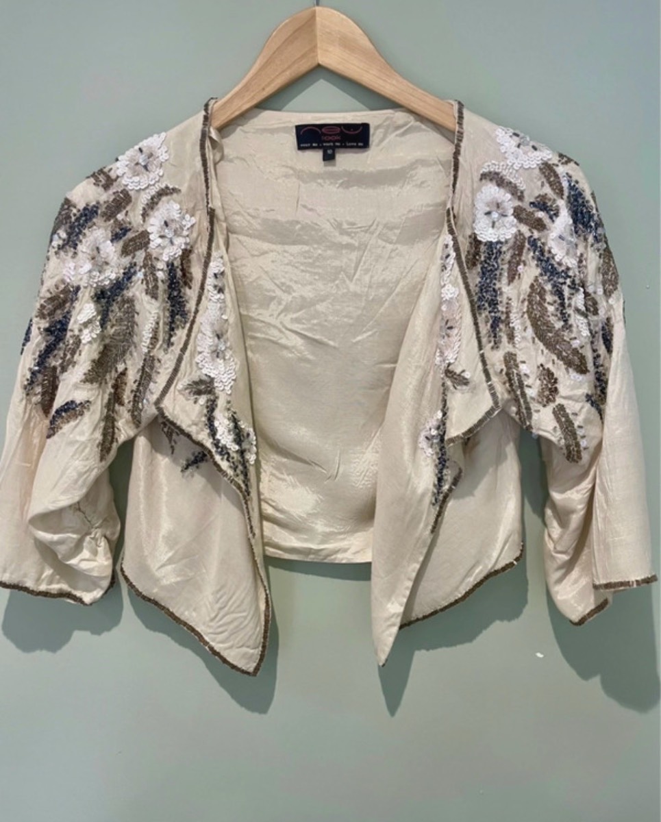 Vintage Y2K Beaded, Embellished Sequins, Oyster Colour Silky Bolero Cropped Jacket UK Size 10