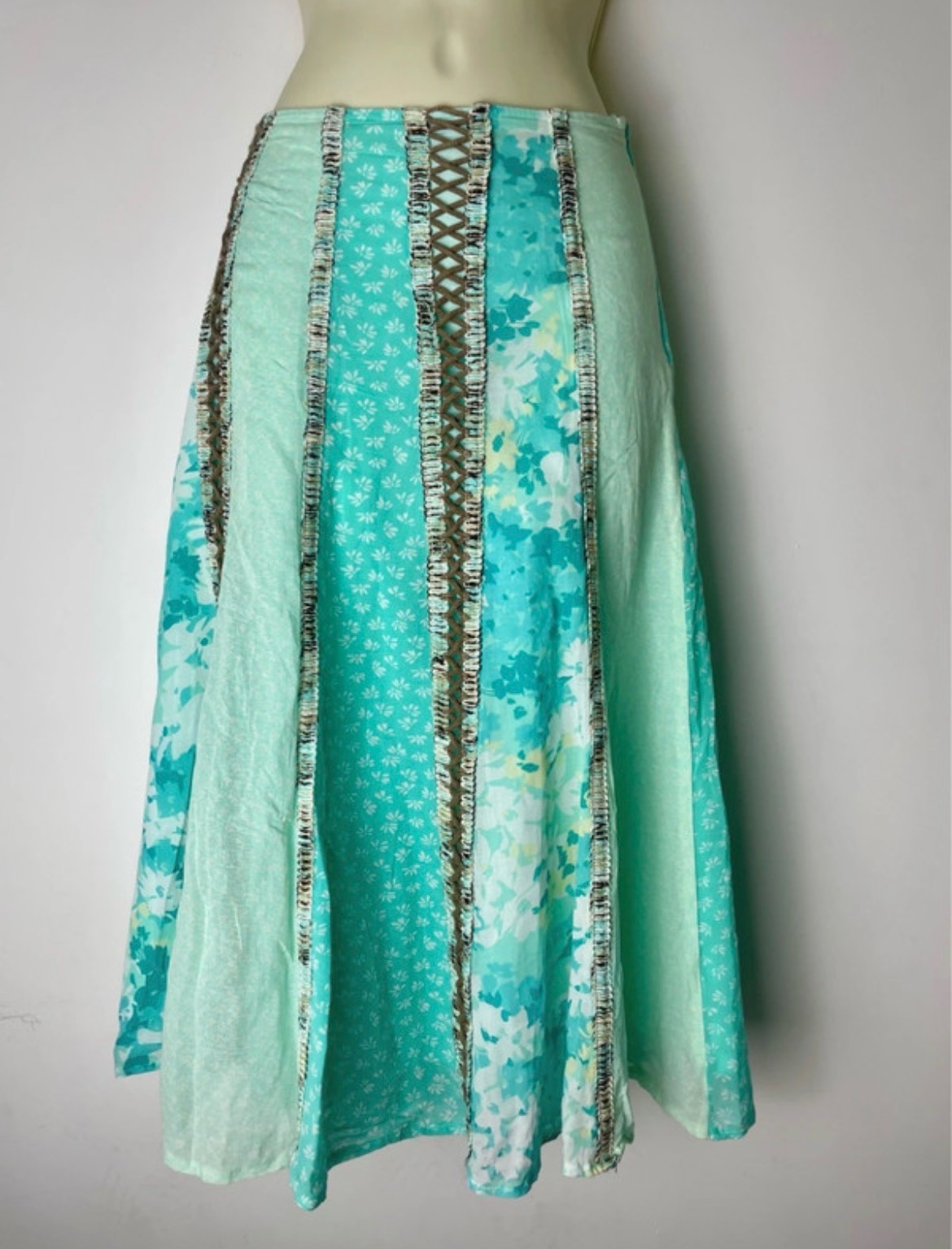 Per Una Y2K Whimsy Boho Patchwork & Lace-up Detail Midi Skirt