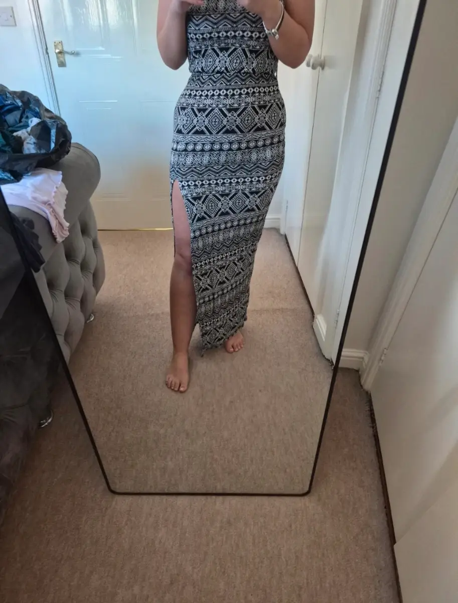 Forever 21 Black & White Aztec Print Maxi Dress High Neck Side Split Size S