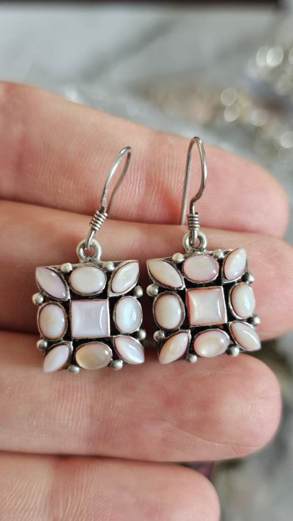 Vintage 925 Sterling Silver and Mother of Pearl Square Drop Earrings