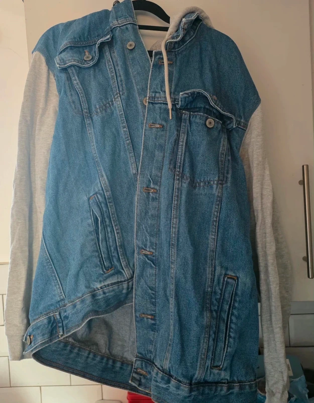 Blue Denim Jacket with Grey cotton Hood and sleeves