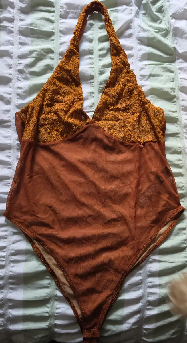ASOS DESIGN mesh lace halter neck bodysuit in ginger