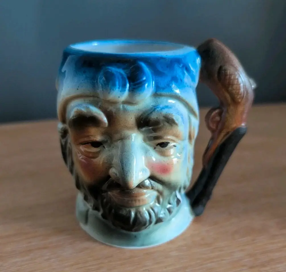 Pirate Toby Character Face Mug Blue Glaze Bearded Man Fish Handle Japan Vintage