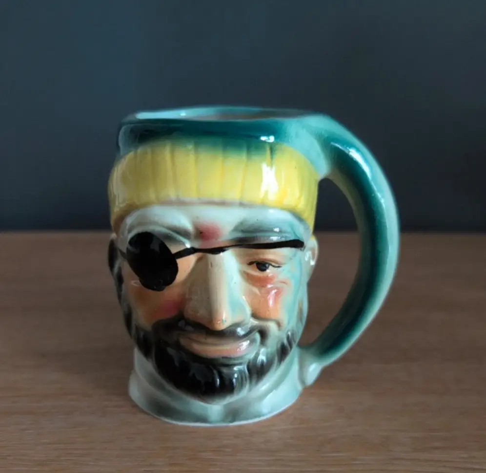 Pirate Toby Character Mug Ceramic Eye Patch Green Glaze Japan Vintage