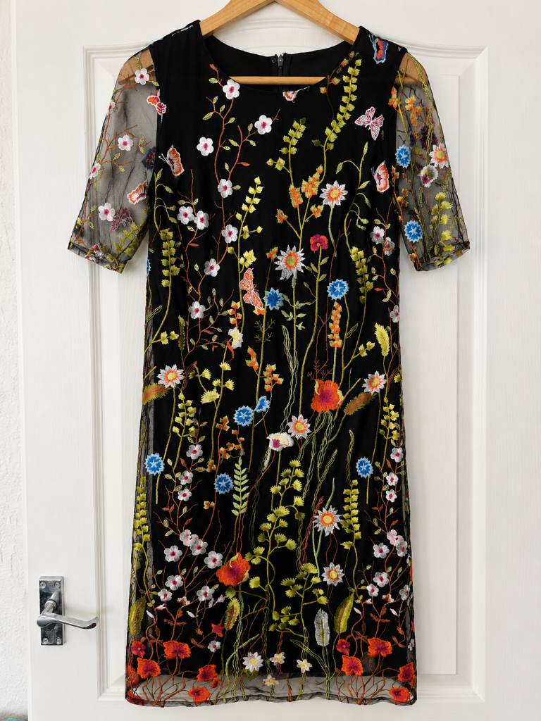 Marks & Spencer Embroidered Floral Dress UK 8 Black Mesh Sleeve