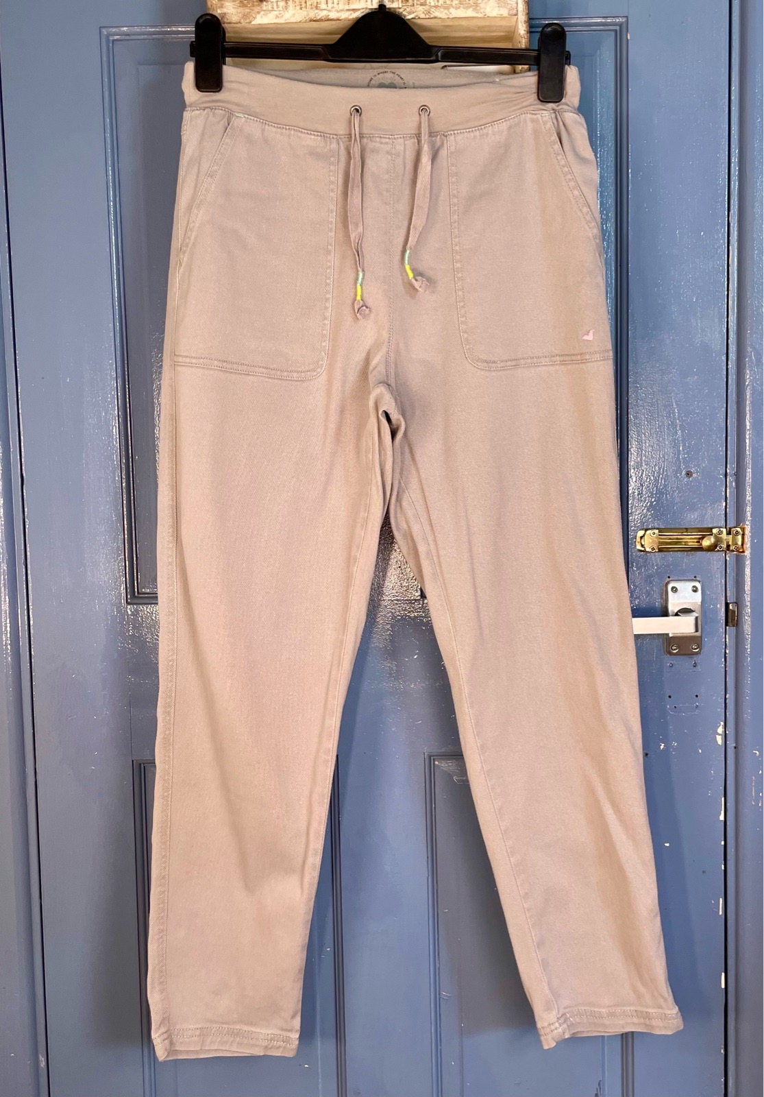 White Stuff UK 10 Grey Cotton Modal Jogger Trousers Drawstring Heart