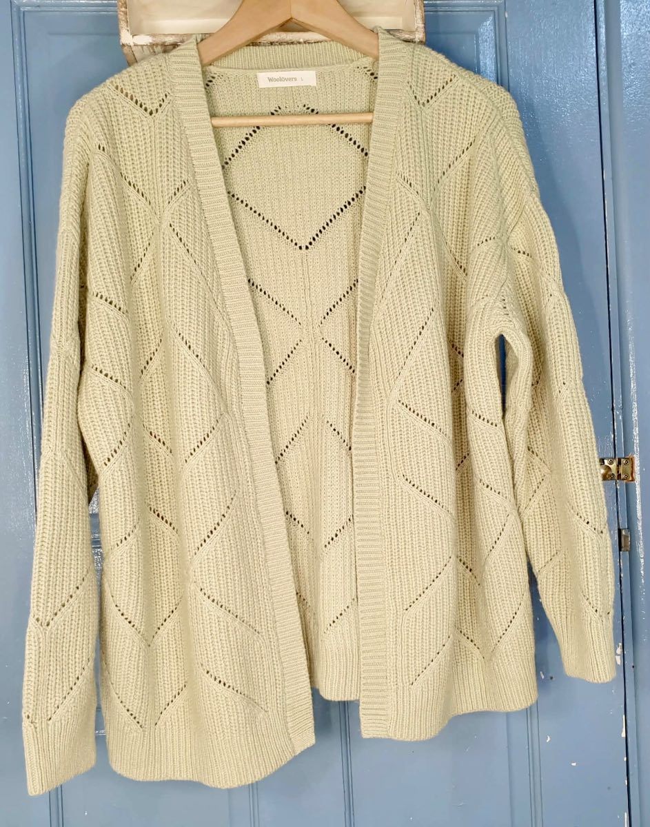 WoolOvers L Sage Green Lambswool Cotton Pointelle Knit Cardigan