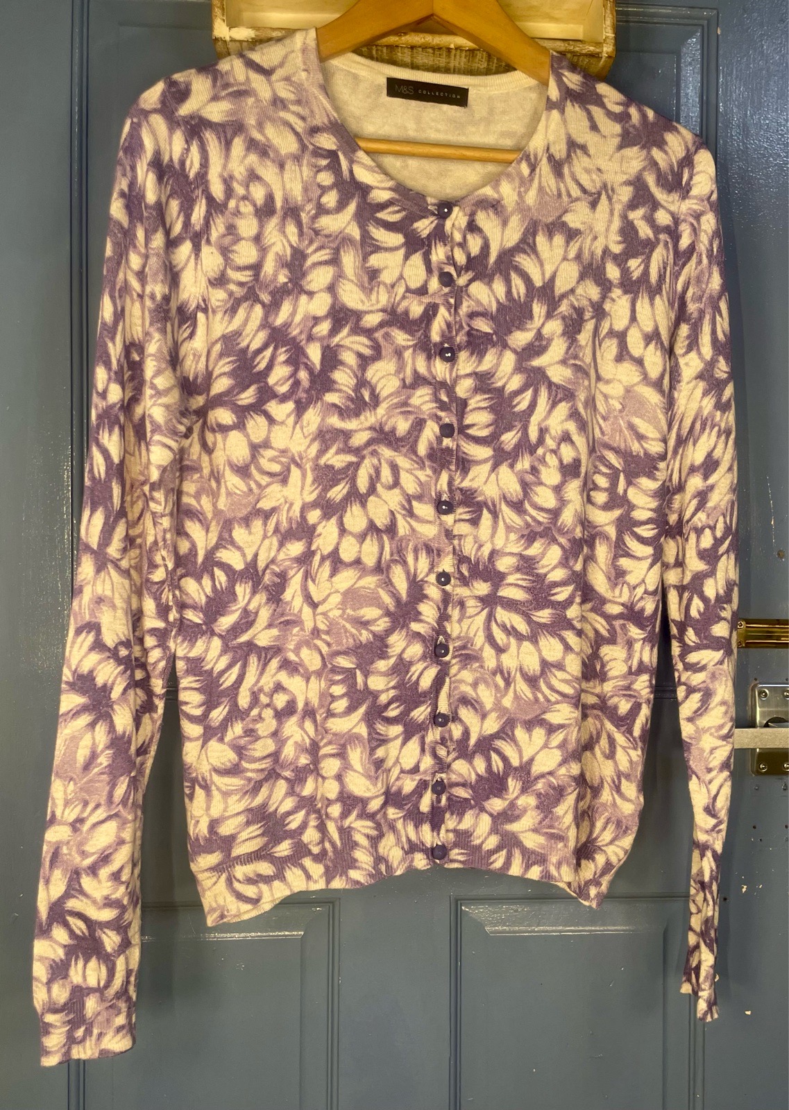 M&S Collection UK 14 Purple Floral Button Cardigan Soft Viscose Knit