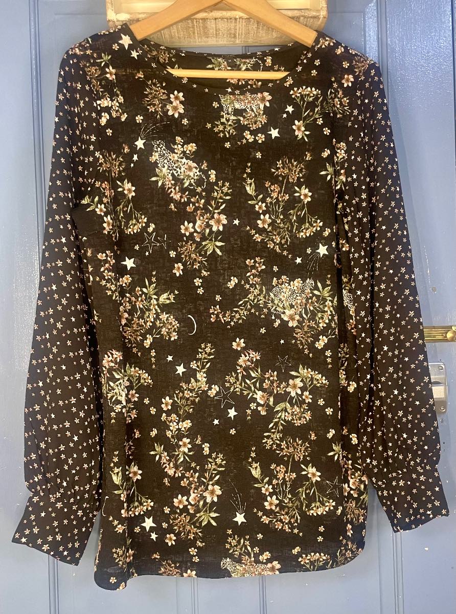 Next UK 14 Black Floral Leopard Star Print Long Sleeve Blouse Top
