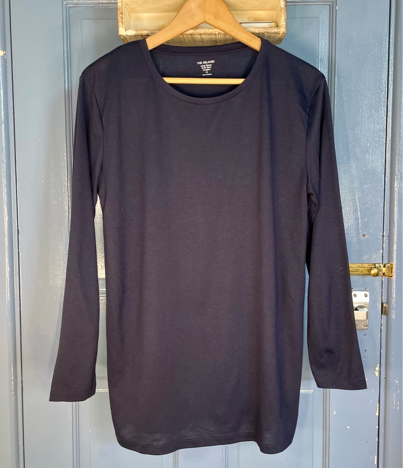M&S Size 12 Navy Relaxed Longline Long Sleeve Crew Neck Top