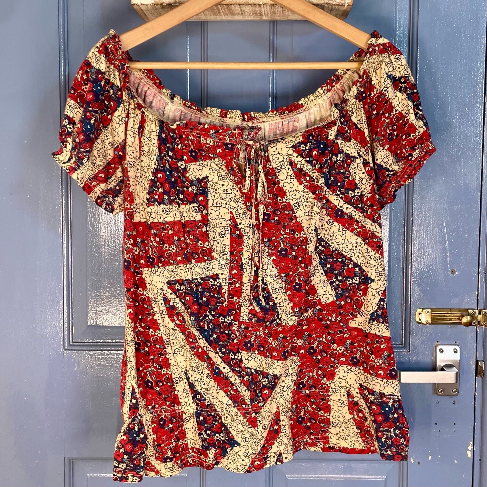 Next UK 6 Red Blue Floral Paisley Cotton Bardot Boho Top