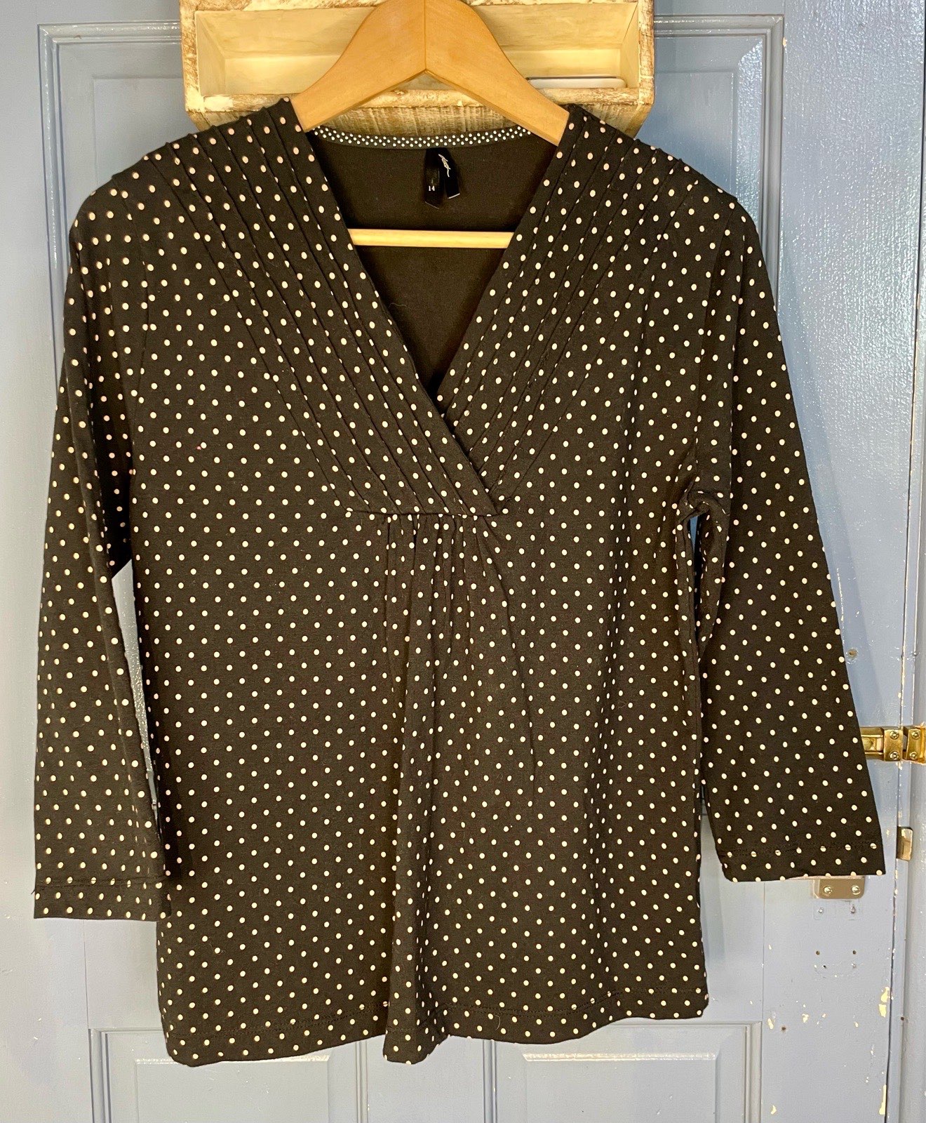 Dash Size 14 Black Beige Polka Dot V Neck Viscose Tunic Top 3/4 Sleeve