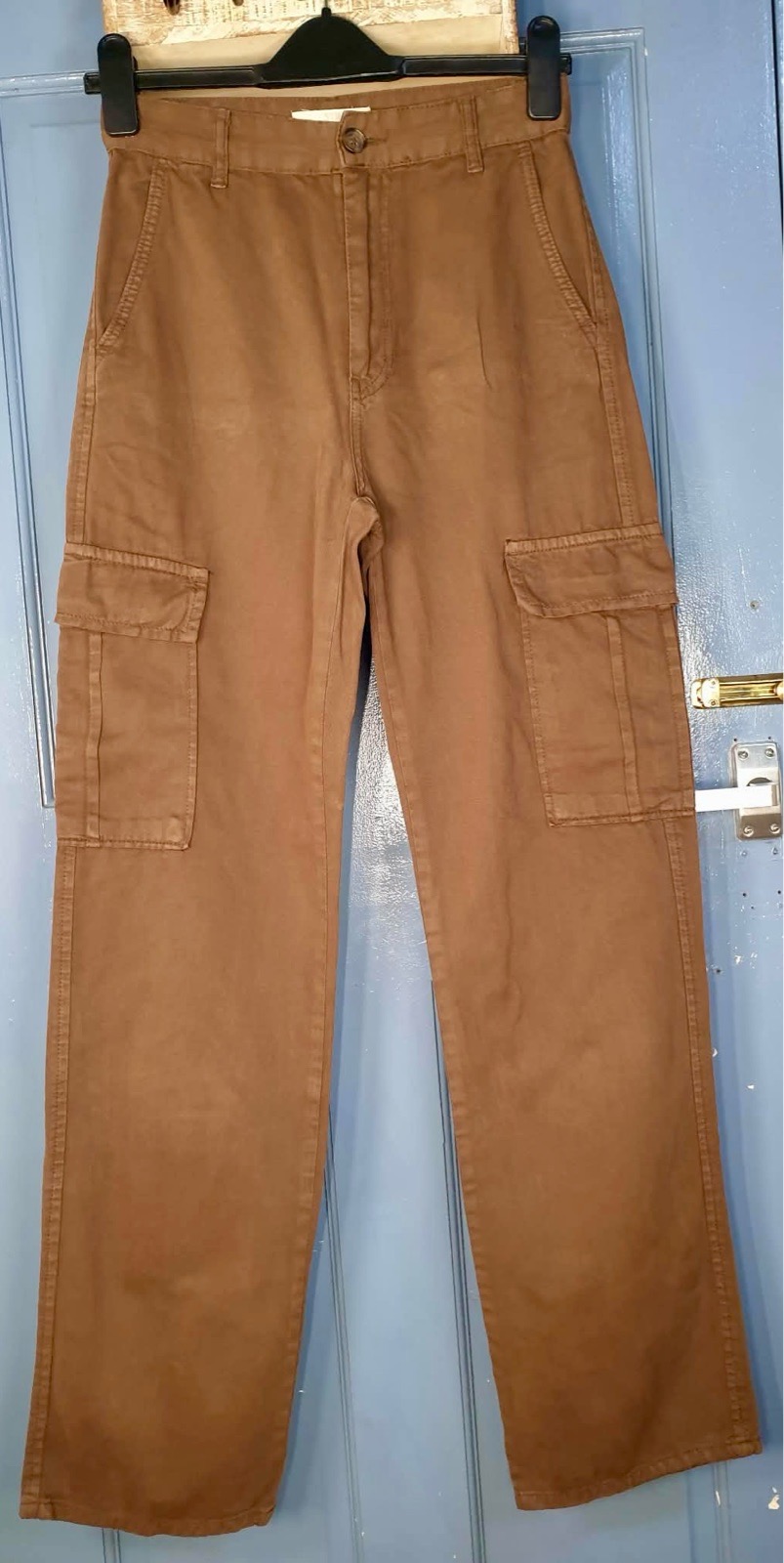 Stradivarius Brown Cargo Trousers XS High Rise Straight Leg Utility Y2K