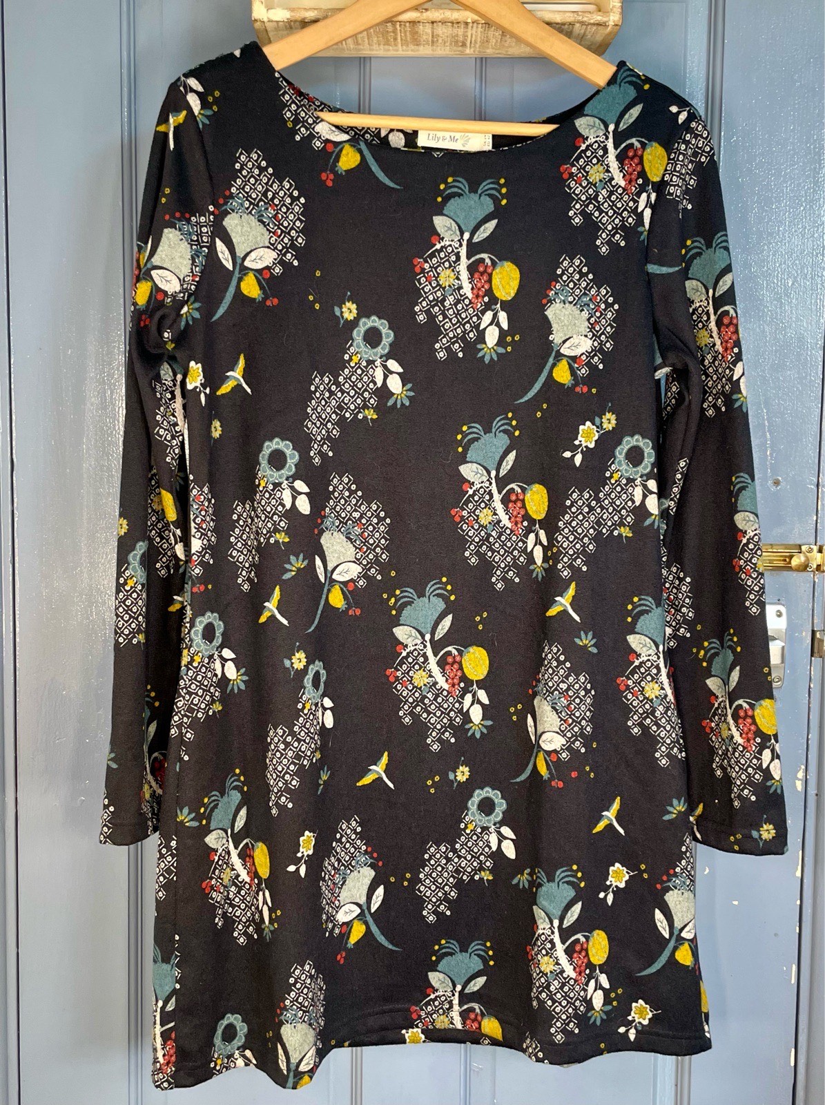 Lily & Me UK 14 Navy Floral Print Long Sleeve Tunic Dress Stretch
