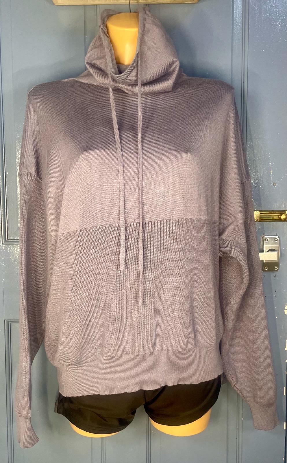 Dusky Blue XL Cowl Neck Oversized Cotton Blend Jumper Drawstring Knit