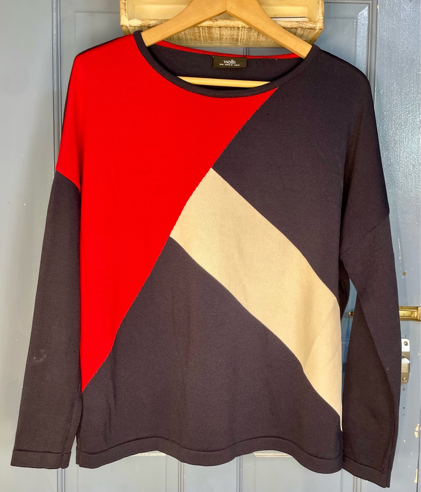 Wallis M Navy Red Cream Colour Block Geometric Knit Jumper Relaxed Fit