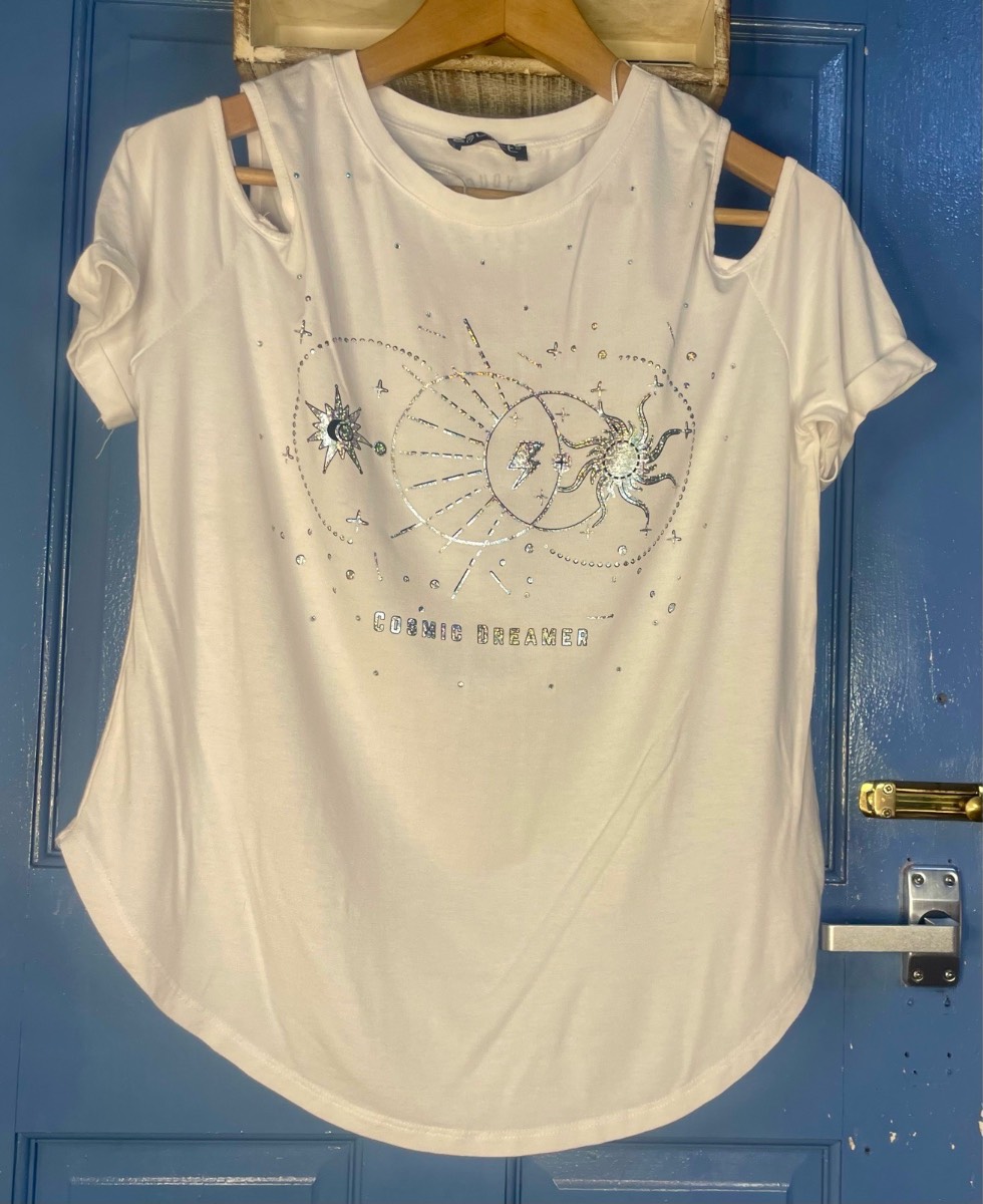 Select M White Cosmic Dreamer Cold Shoulder Rhinestone Celestial Top