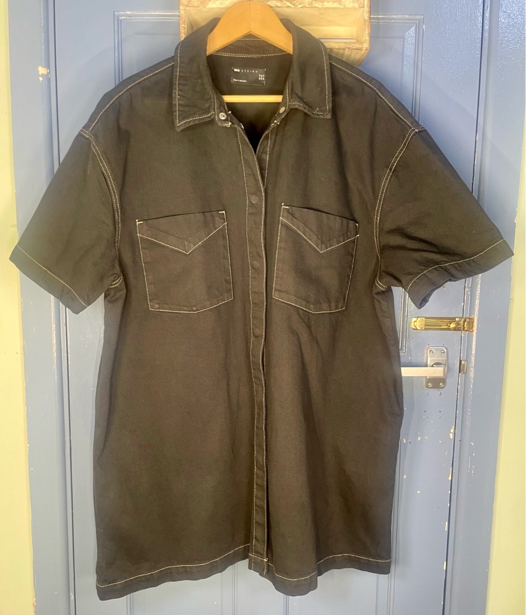 ASOS DESIGN oversized black denim shirt with white stitching, size UK 18