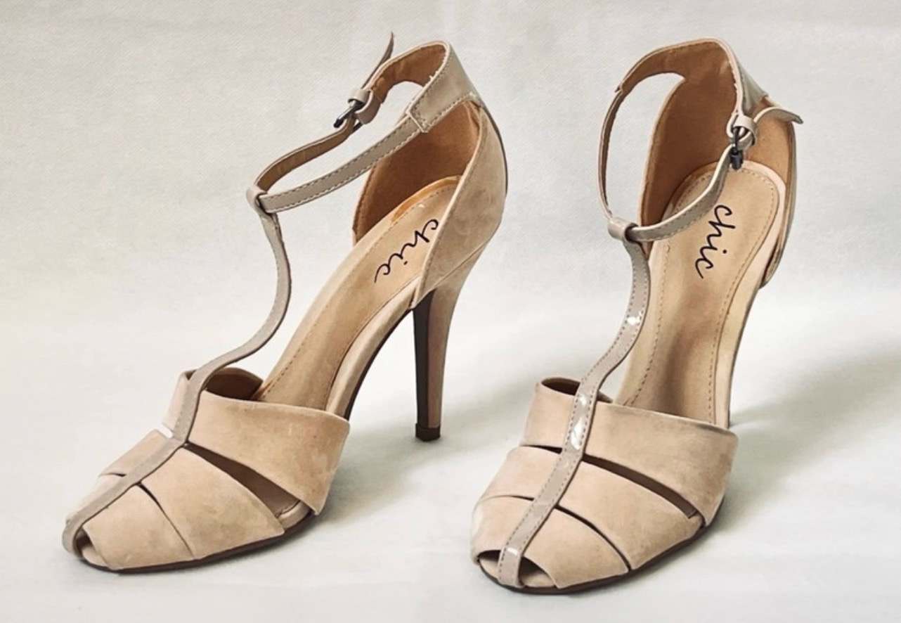 Chic Beige T-Bar Peep Toe High Heels UK6 EU39 Elegant Nude Suede Stilettos